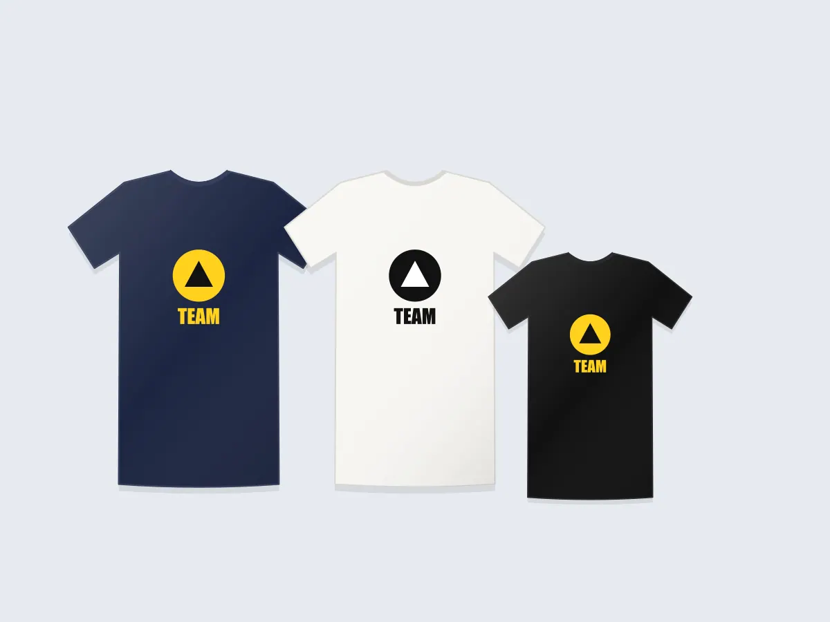 Team T-shirts in navy, white and black with a company logo