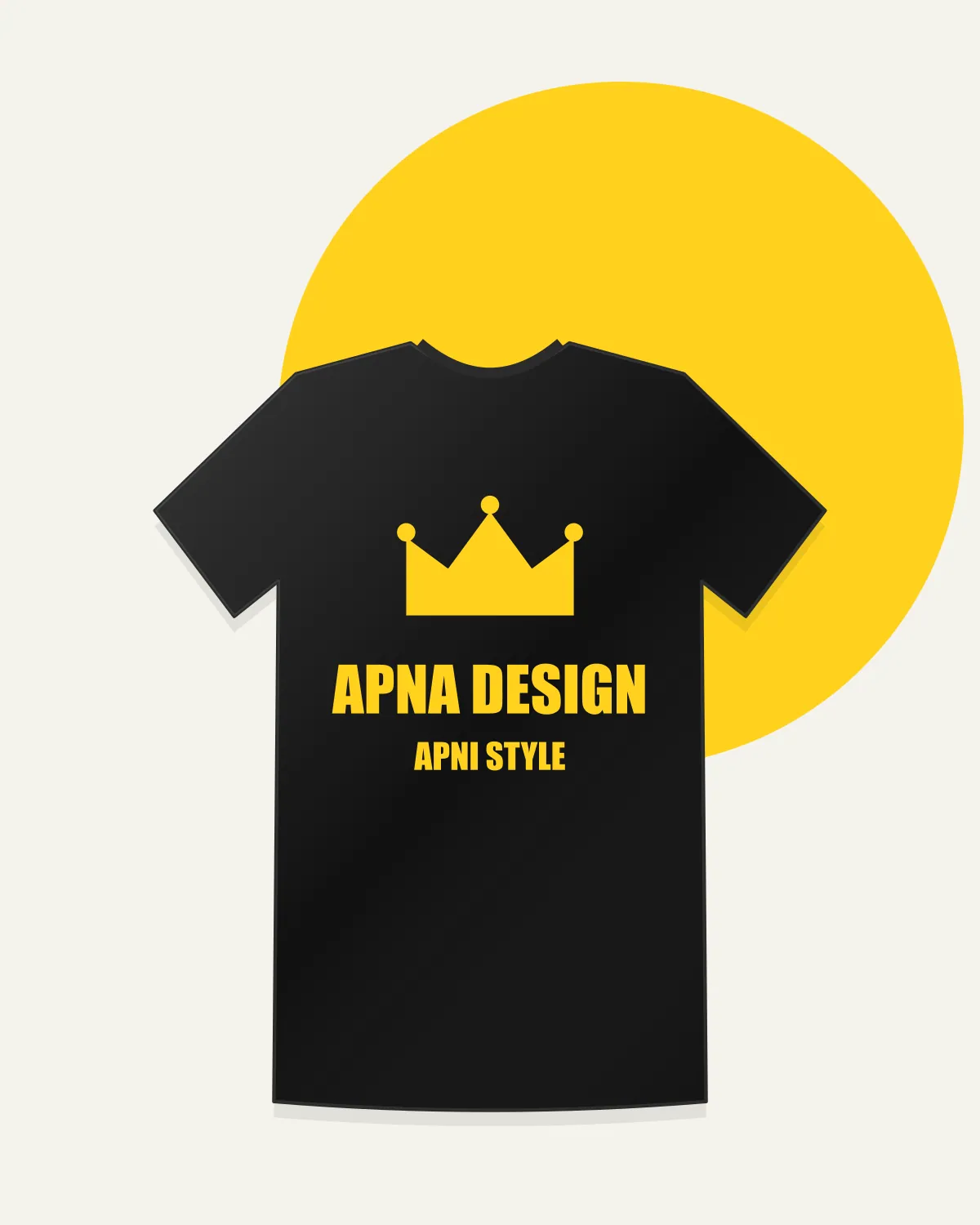 Black oversized T-shirt with a yellow crown print reading Apna Design Apni Style